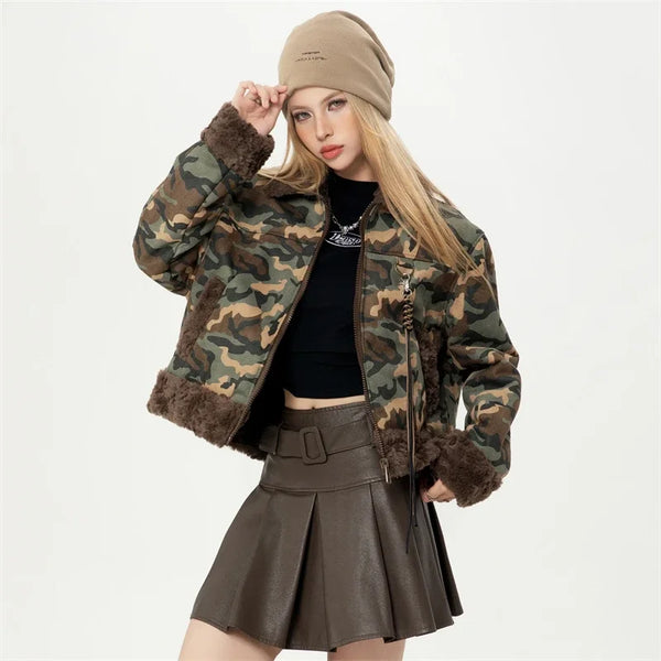 Camouflage Cropped Berber Fleece Winter Jacket
