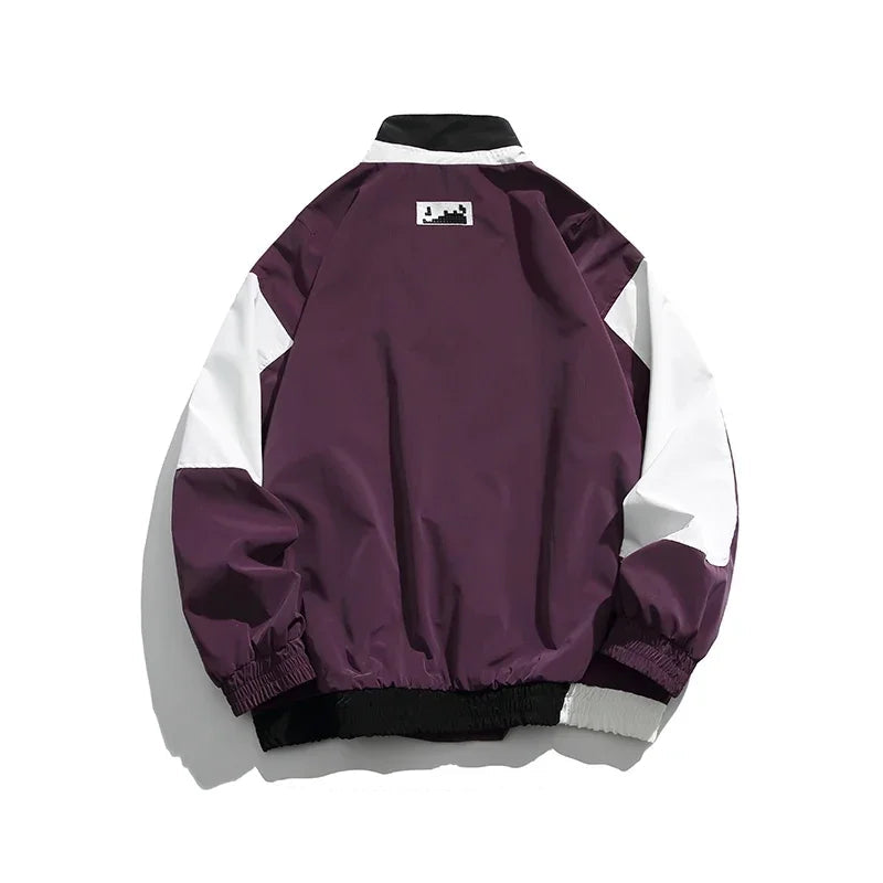 Purple and white jacket with a brand logo on a white background