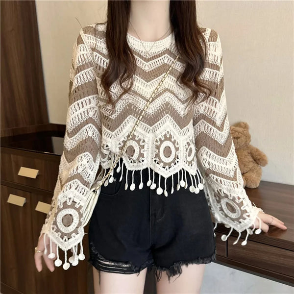 Handmade Knitted V-Neck Wavy Striped Sweater Crochet