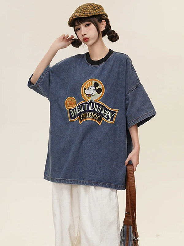 Camiseta vaquera oversize con bordado divertido vintage