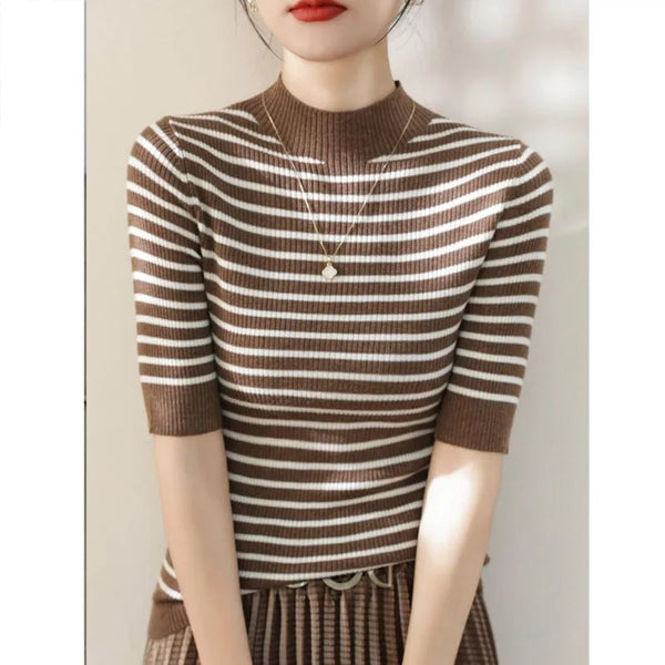 Slim Fit Striped High Collar T-Shirt