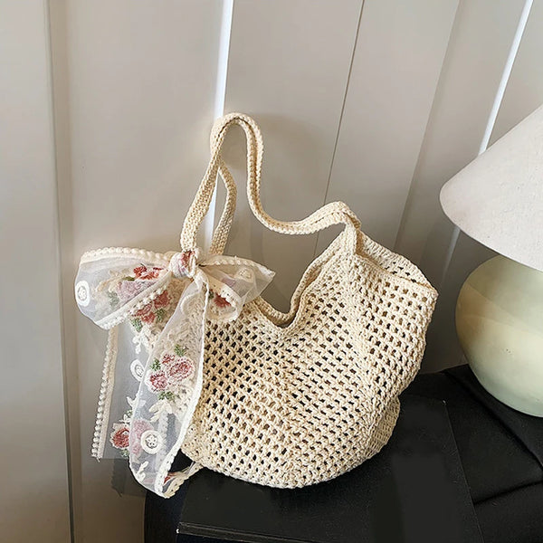 Summer Beach Tote Bag Solid Color Crochet