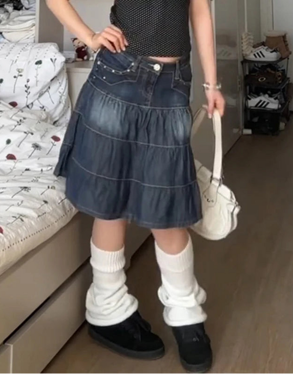 Vintage Pleated Denim Midi Skirt