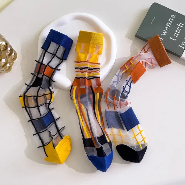 Colorful Plaid Crystal Silk Summer Socks