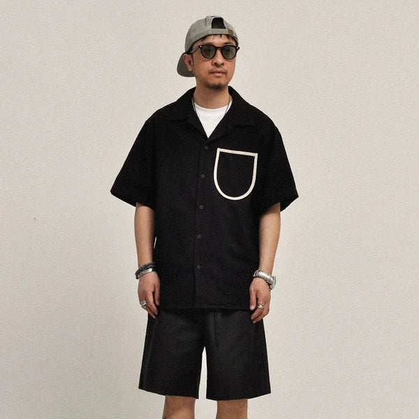 Loose Front Pocket Short Sleeve Cotton Shirt