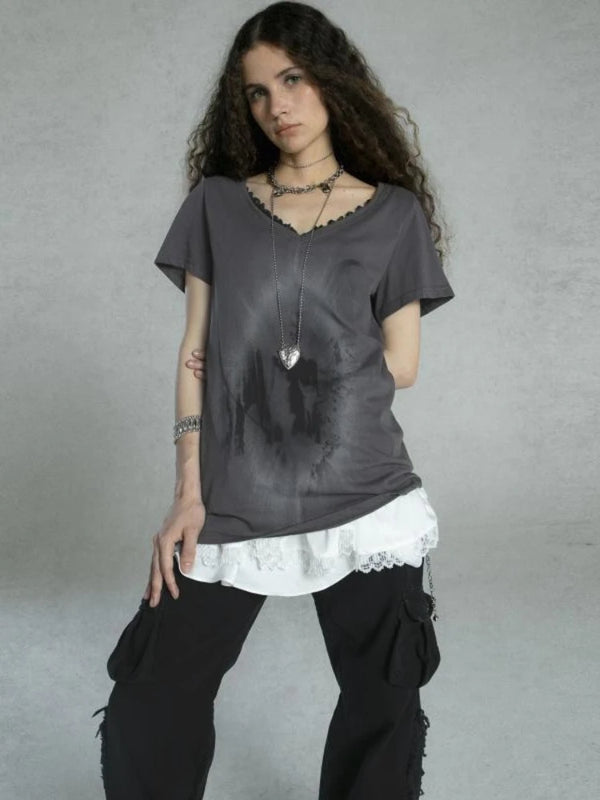 Vintage Lace Patchwork Grunge Punk T-Shirt