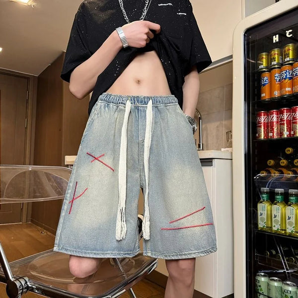 Vintage Washed Embroidered Drawstring Denim Shorts