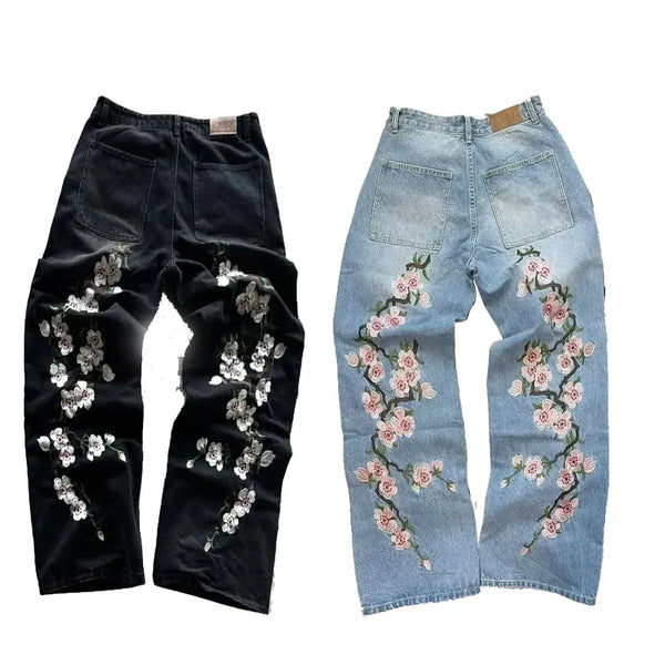 Cherry Blossom Gothic Embroidered Wide Jeans