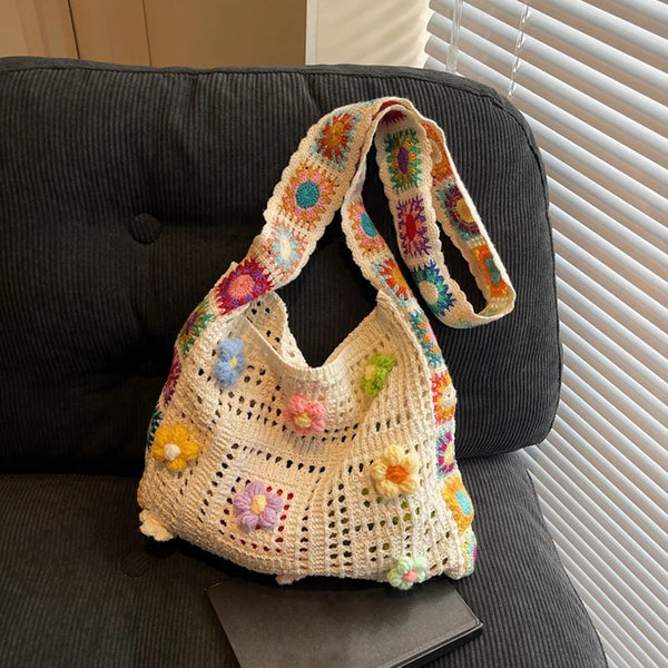 Vintage Boho Tote Bag Floral Crochet Handbag