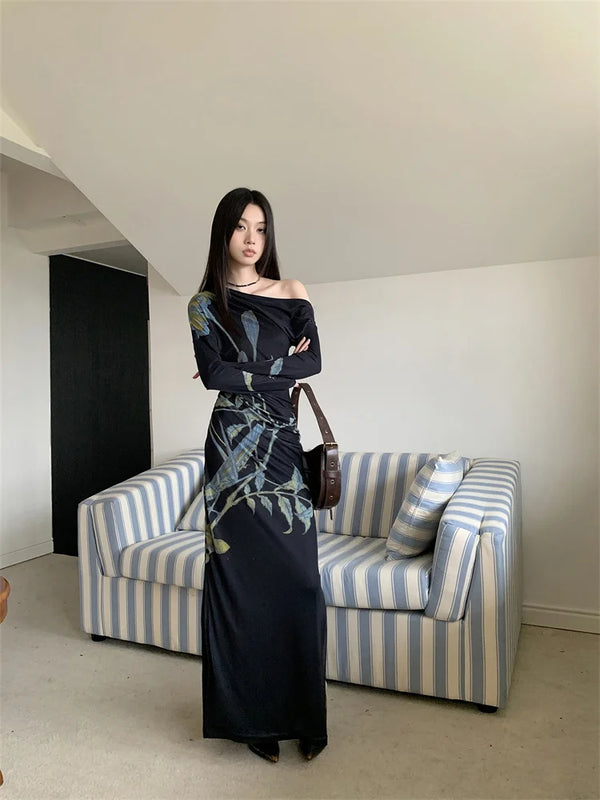 Dark Fairy One Shoulder Floral Maxi Dress