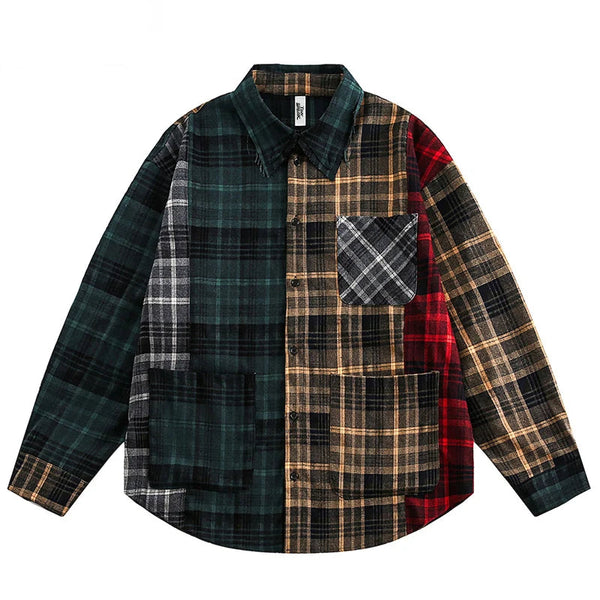Retro Oversized Plaid Patchwork Long Shirt