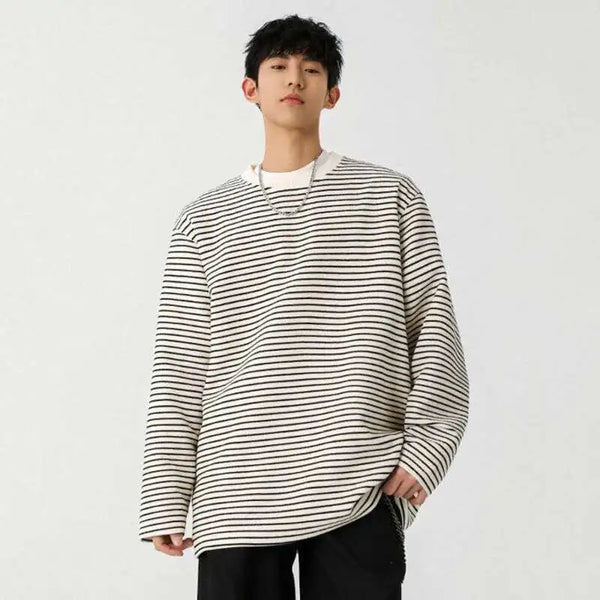 Striped Korean Spring Round Collar T-Shirt